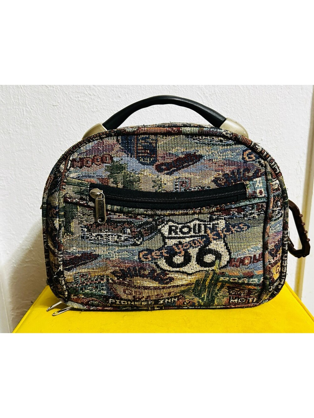 VTG Route 66 Tapestry Mini Suitcase Bag Woven Cosmetic Case Travel Kitsch Flawed